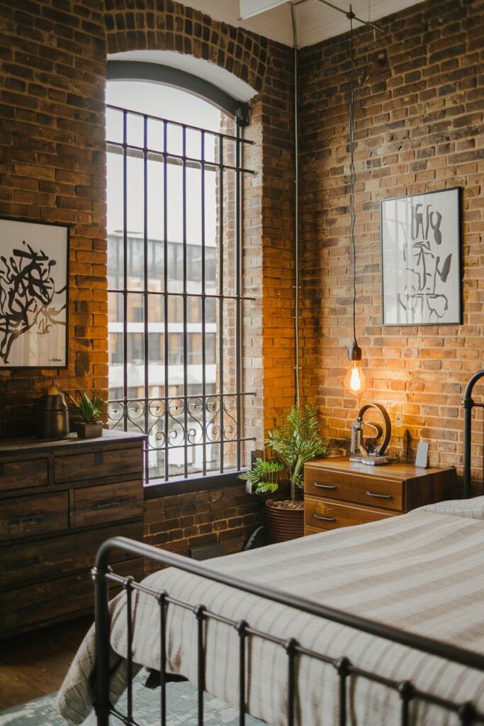 9. Metal Bed Frame with Wooden Dresser Industrial Bedroom