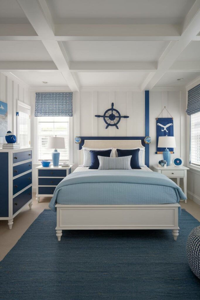 9. Nautical Blue and White Coastal Bedroom Design