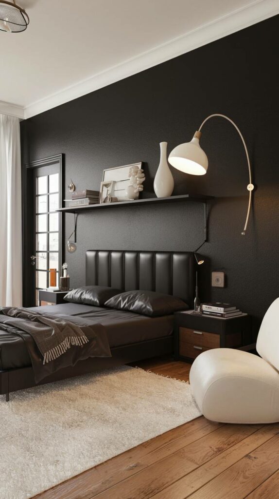 9. Queen-Size Bed with Wall-Mounted Lamp Black Bedroom