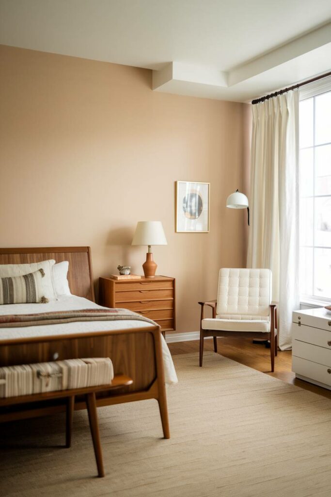 9. Soft Beige Hue with Reading Chair Mid-Century Modern Bedroom