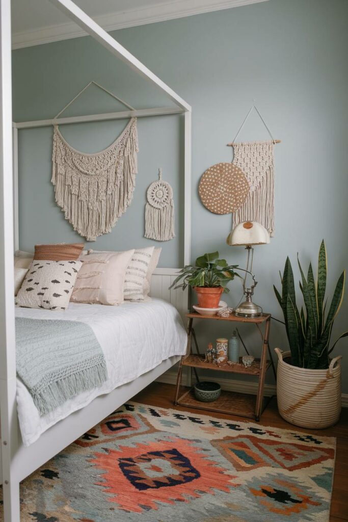 9. Soft Blue Hue Bohemian Bedroom